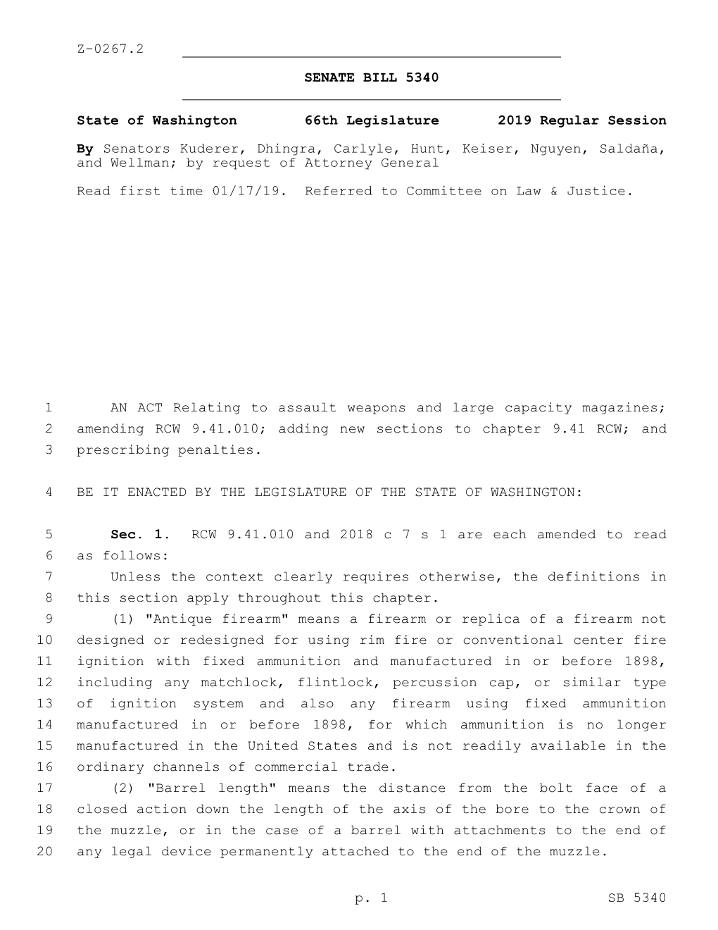 AN ACT Relating to Assault Weapons and Large Capacity Magazines; 1 Amending RCW 9.41.010; Adding New Sections to Chapter 9.41 RC