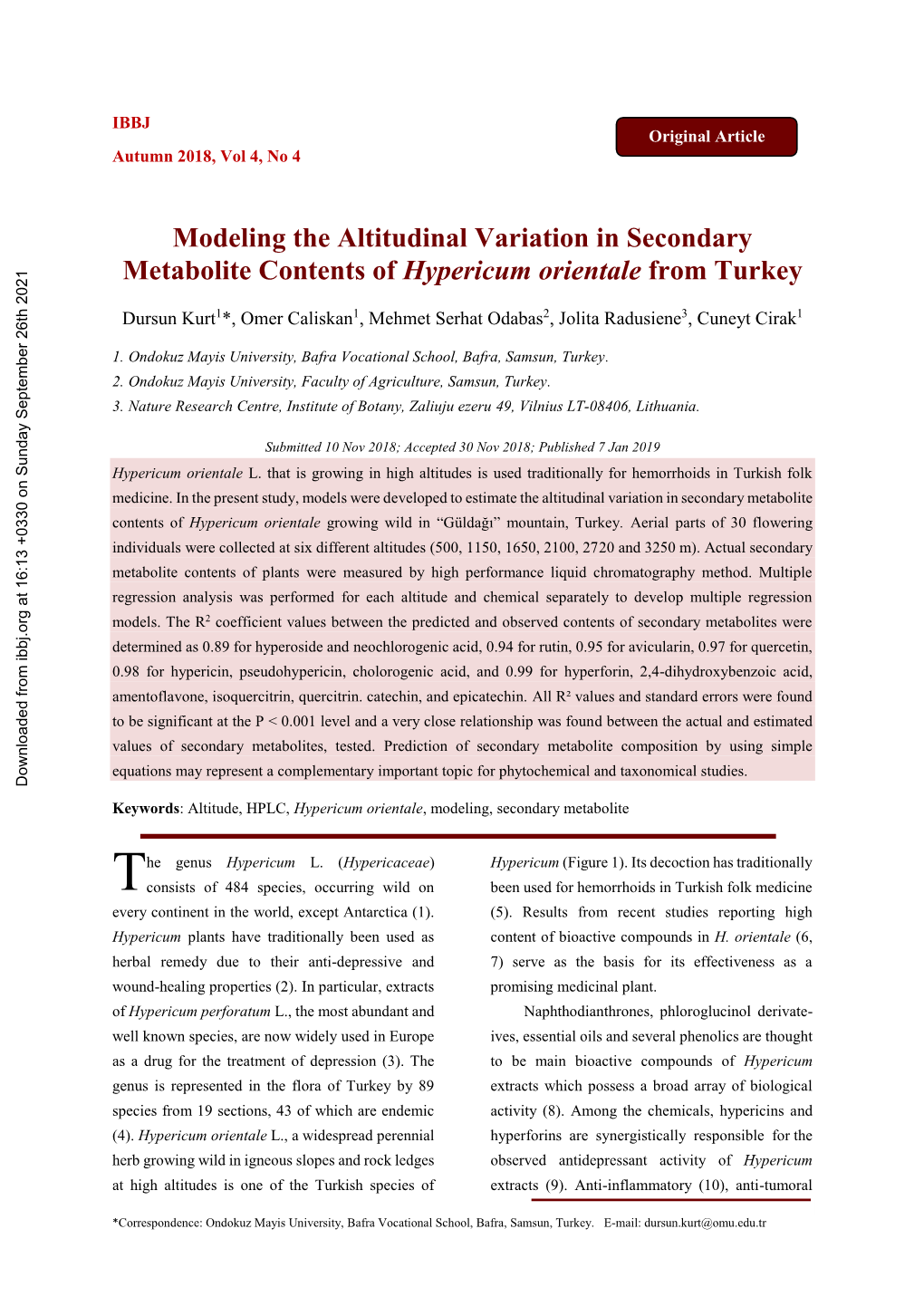 Modeling the Altitudinal Variation in Secondary Metabolite Contents of Hypericum Orientale from Turkey