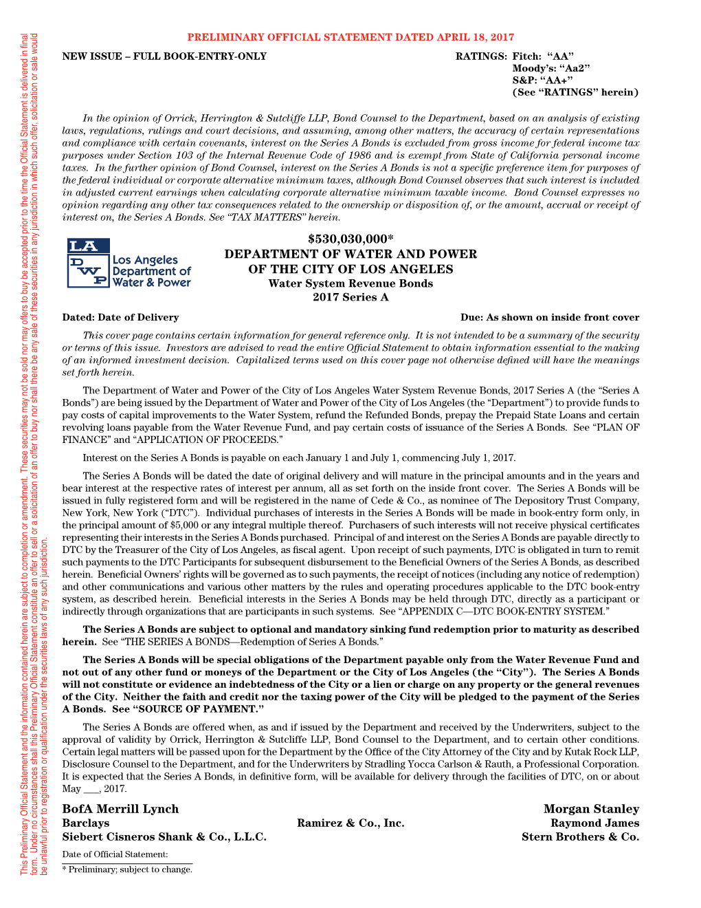 Department of Water and Power of the City of Los Angeles This Cover Page Contains Certain Information for General Reference Only