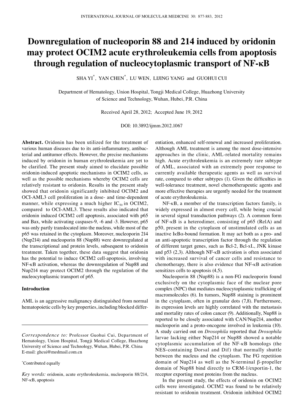 Downregulation of Nucleoporin 88 and 214 Induced by Oridonin May