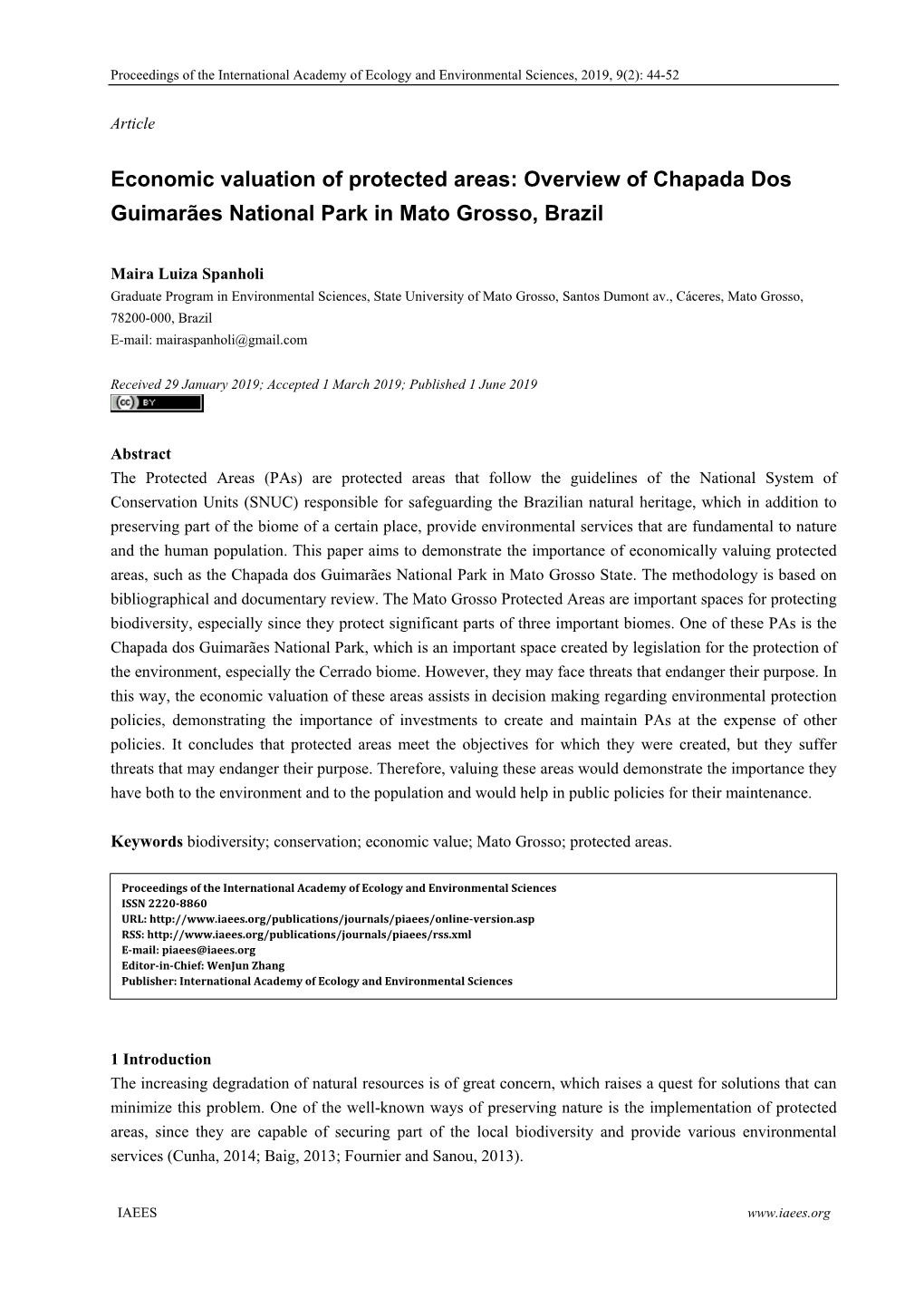 Economic Valuation of Protected Areas: Overview of Chapada Dos Guimarães National Park in Mato Grosso, Brazil