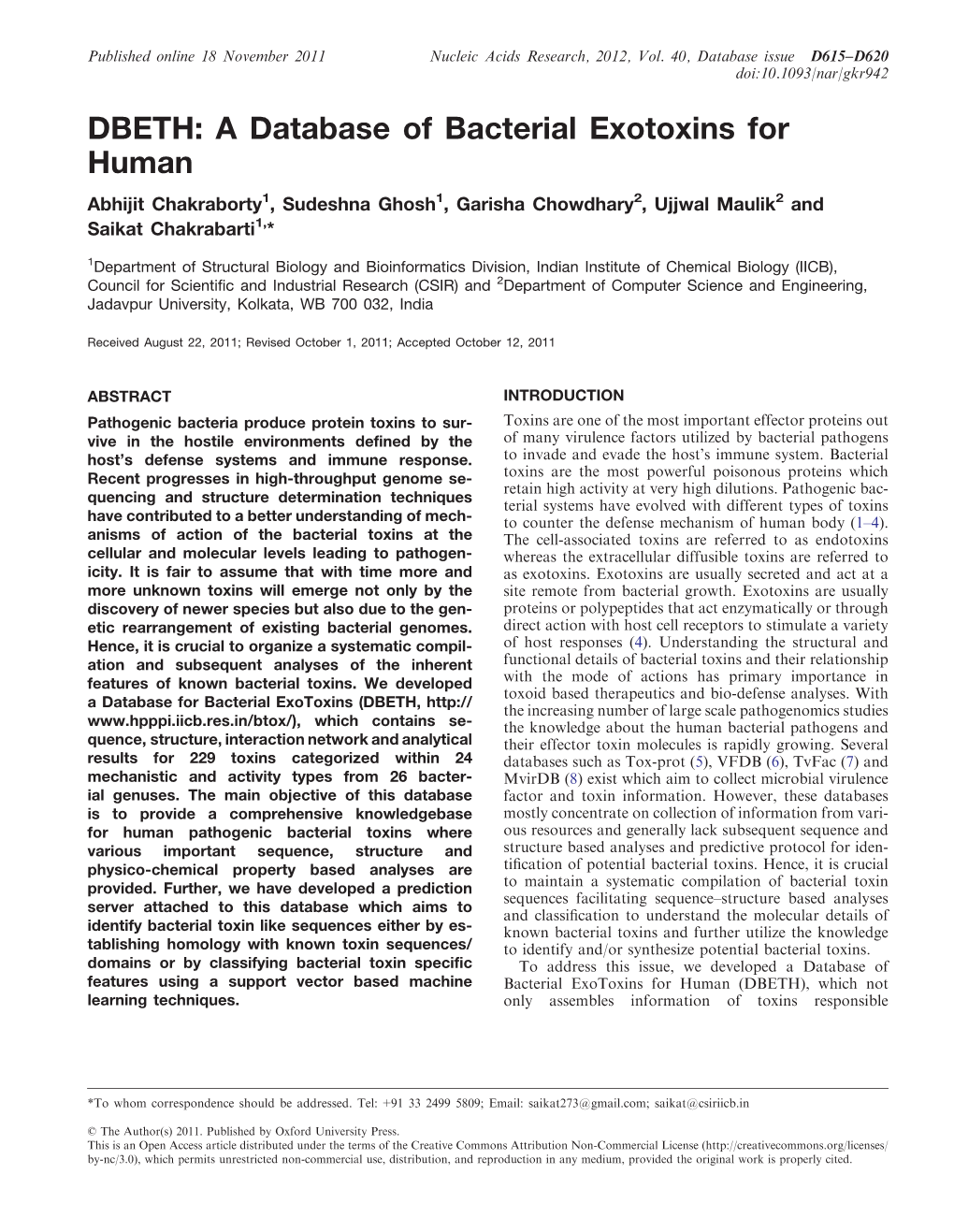 DBETH: a Database of Bacterial Exotoxins for Human Abhijit Chakraborty1, Sudeshna Ghosh1, Garisha Chowdhary2, Ujjwal Maulik2 and Saikat Chakrabarti1,*