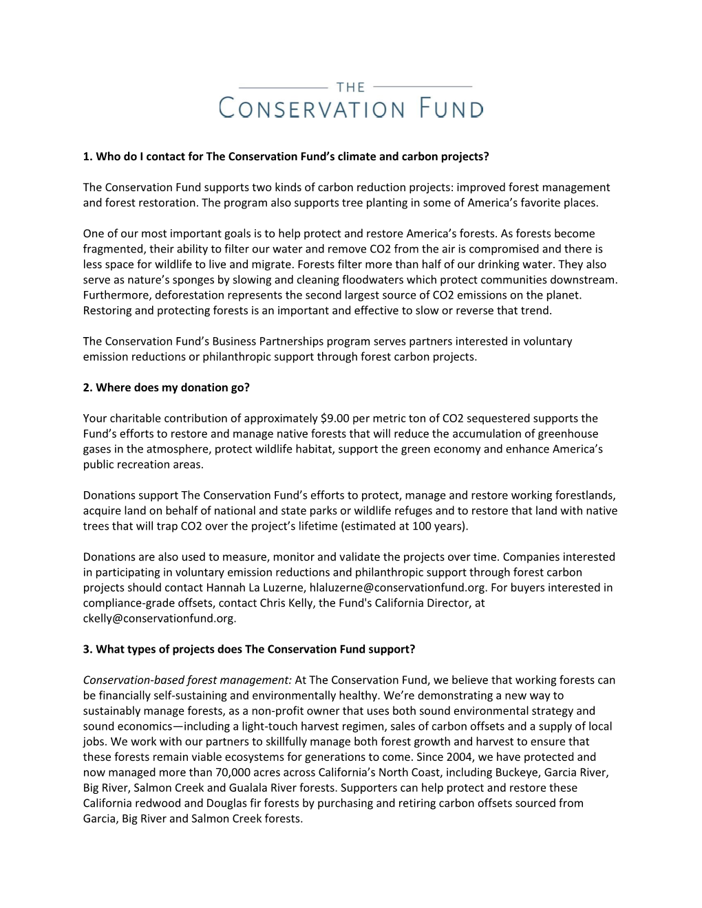 1. Who Do I Contact for the Conservation Fund's Climate And