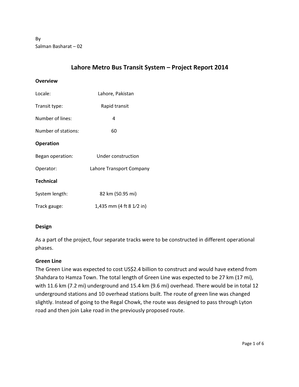 Lahore Metro Bus Transit System – Project Report 2014