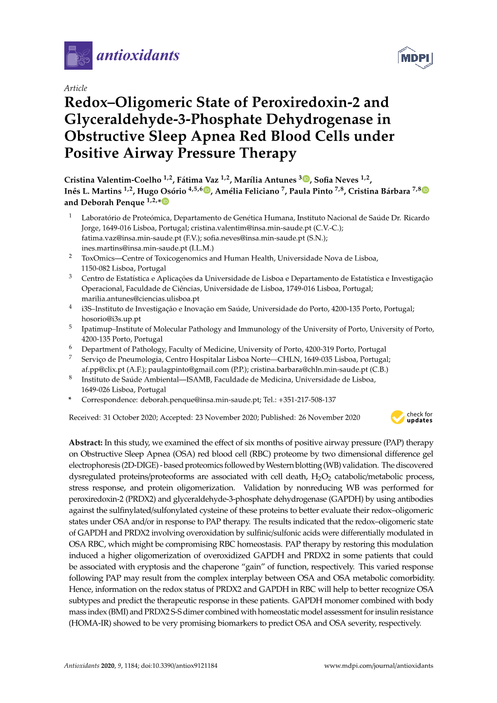 Redox–Oligomeric State of Peroxiredoxin-2 and Glyceraldehyde-3-Phosphate Dehydrogenase in Obstructive Sleep Apnea Red Blood Ce