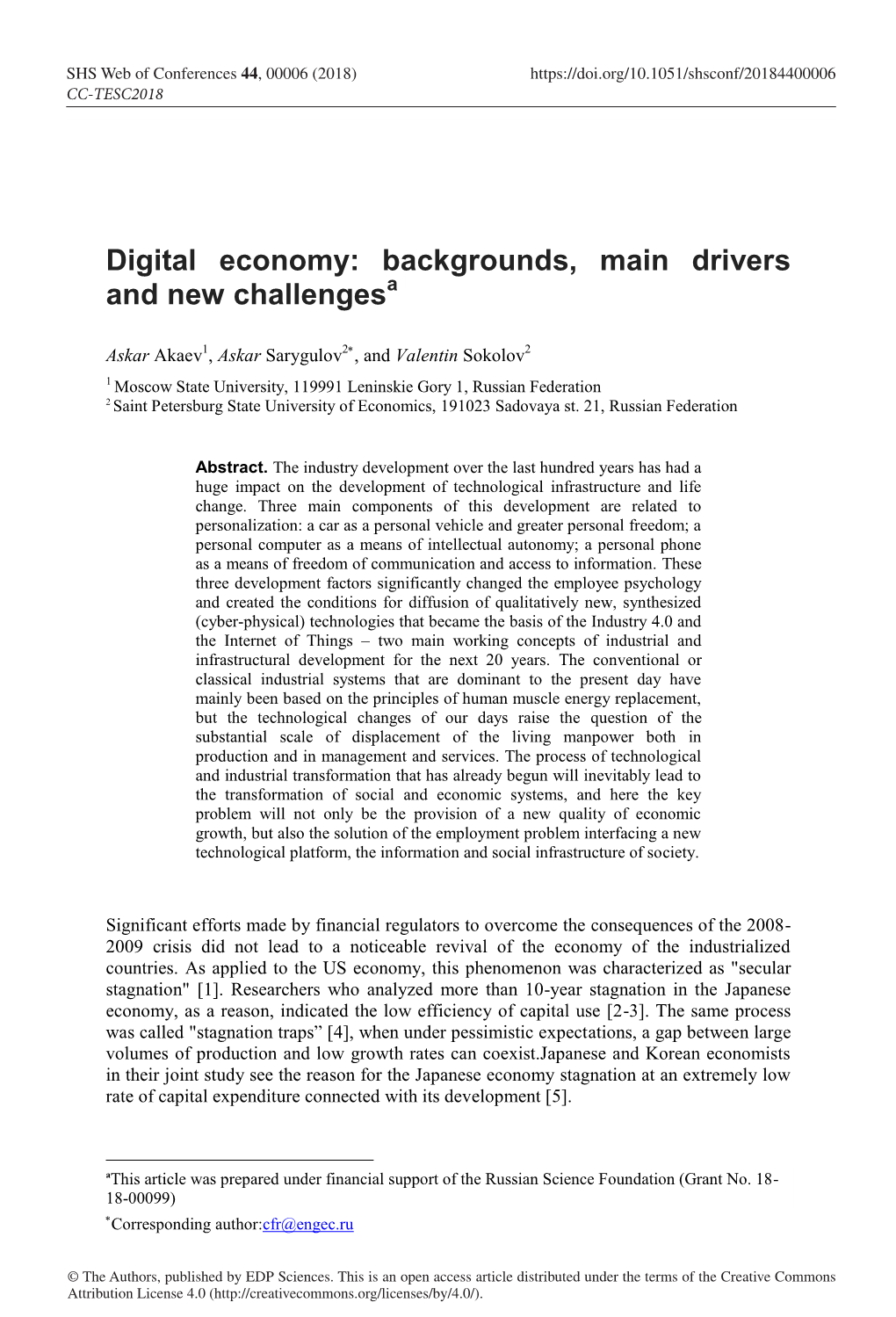 Digital Economy: Backgrounds, Main Drivers and New Challengesa1