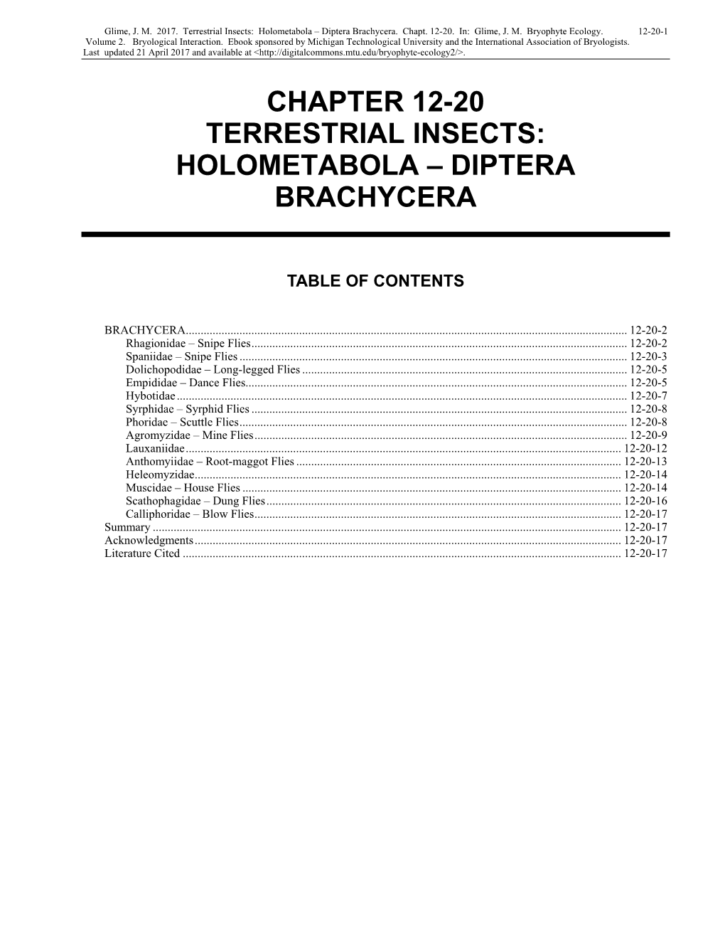 Terrestrial Insects: Holometabola – Diptera Brachycera