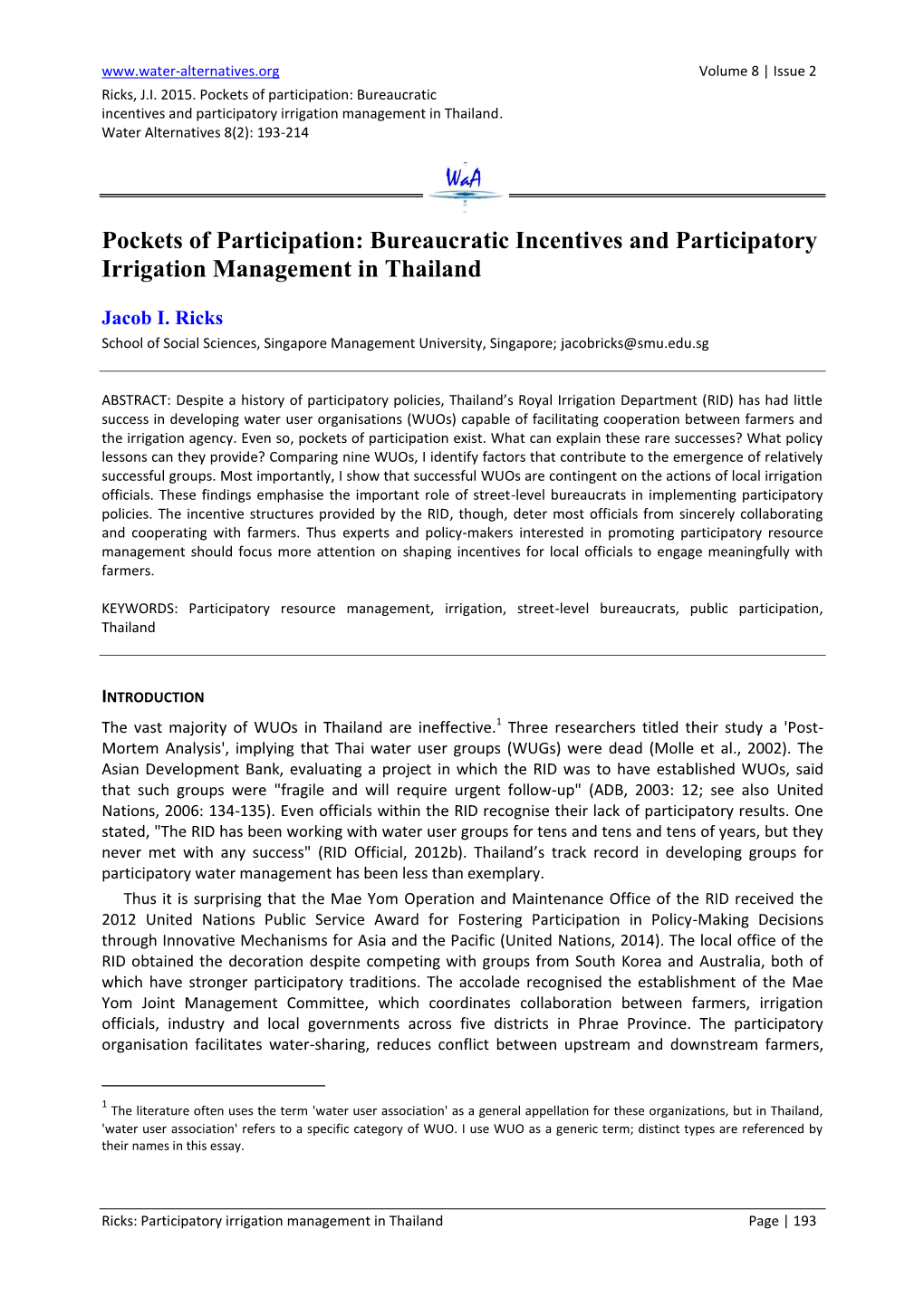 Pockets of Participation: Bureaucratic Incentives and Participatory Irrigation Management in Thailand