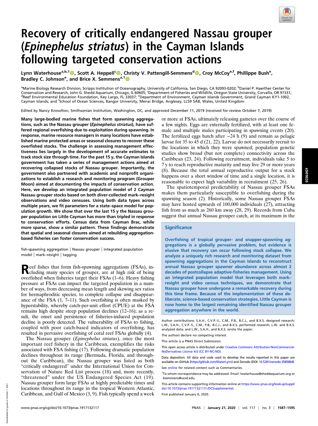 Recovery of Critically Endangered Nassau Grouper (Epinephelus Striatus) in the Cayman Islands Following Targeted Conservation Actions