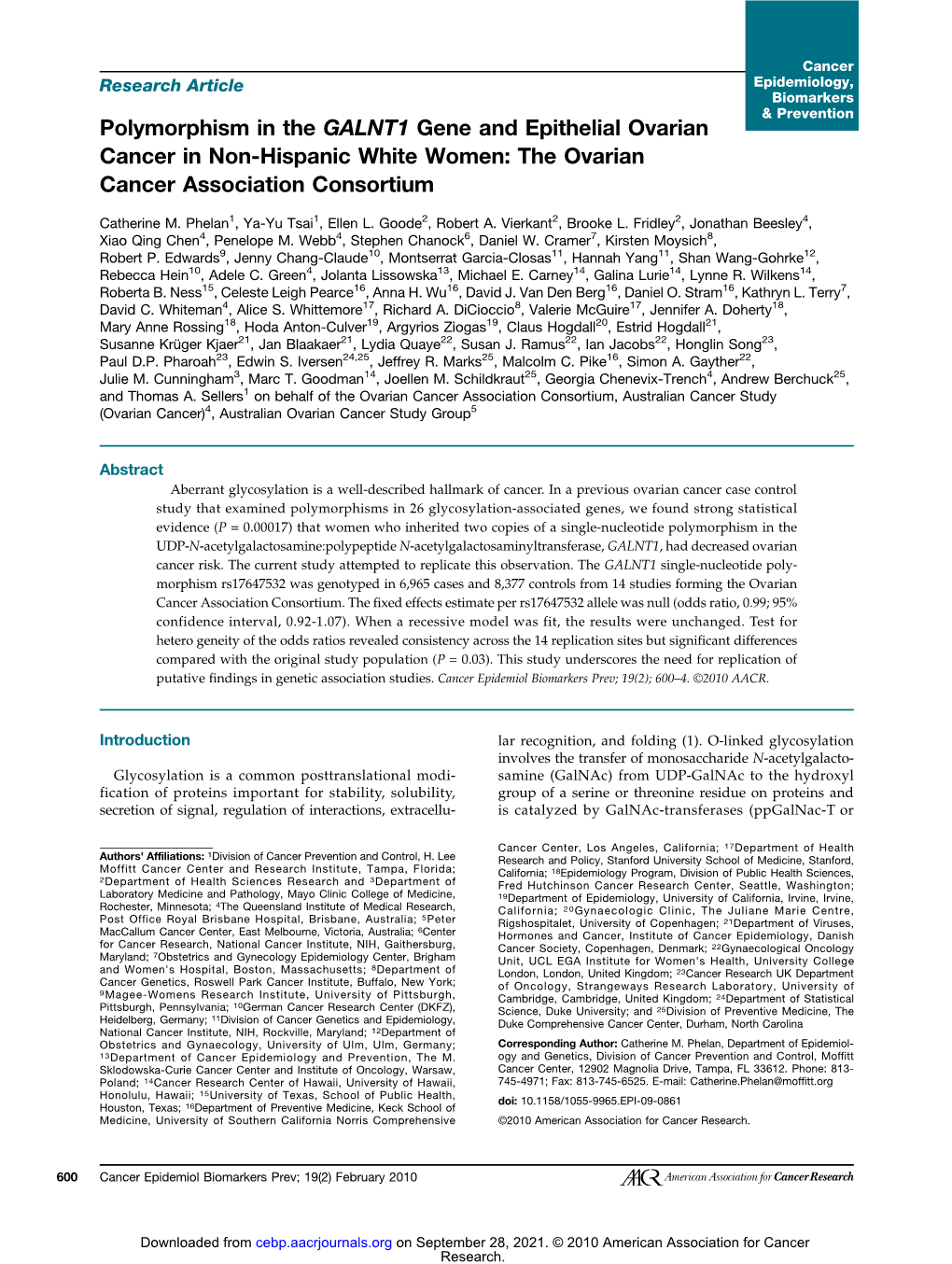 Polymorphism in the GALNT1 Gene and Epithelial Ovarian Cancer in Non-Hispanic White Women: the Ovarian Cancer Association Consortium