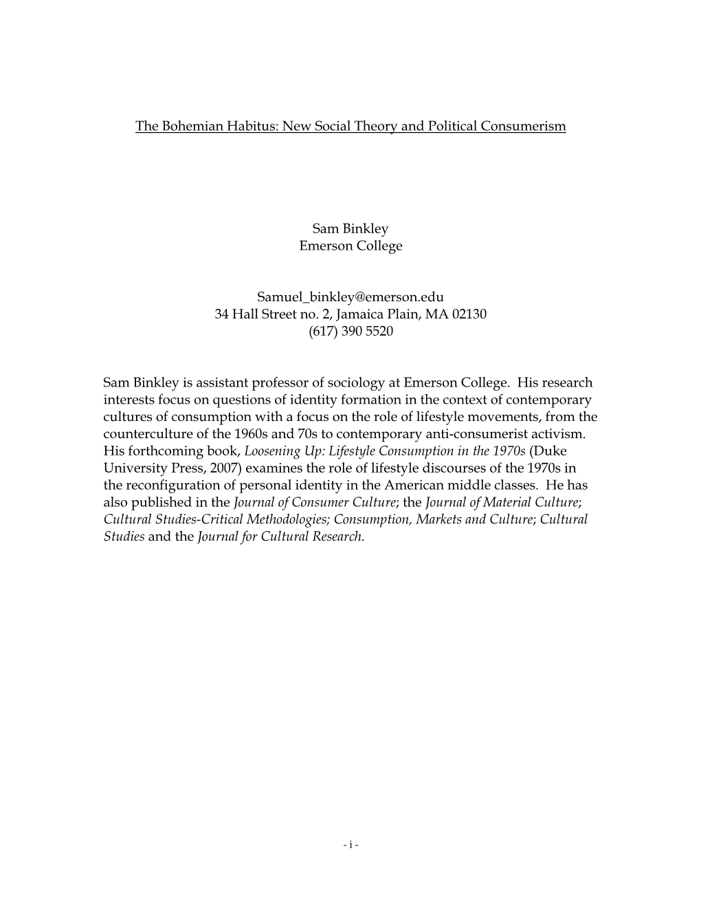 The Bohemian Habitus: New Social Theory and Political Consumerism