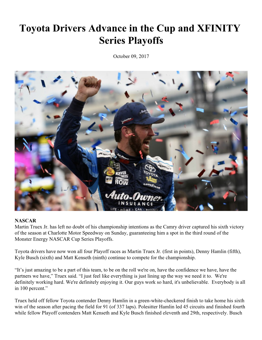 Toyota Drivers Advance in the Cup and XFINITY Series Playoffs