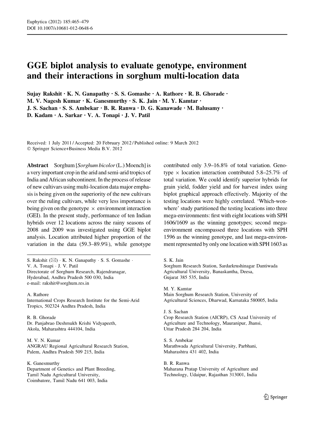 GGE Biplot Analysis to Evaluate Genotype, Environment and Their Interactions in Sorghum Multi-Location Data