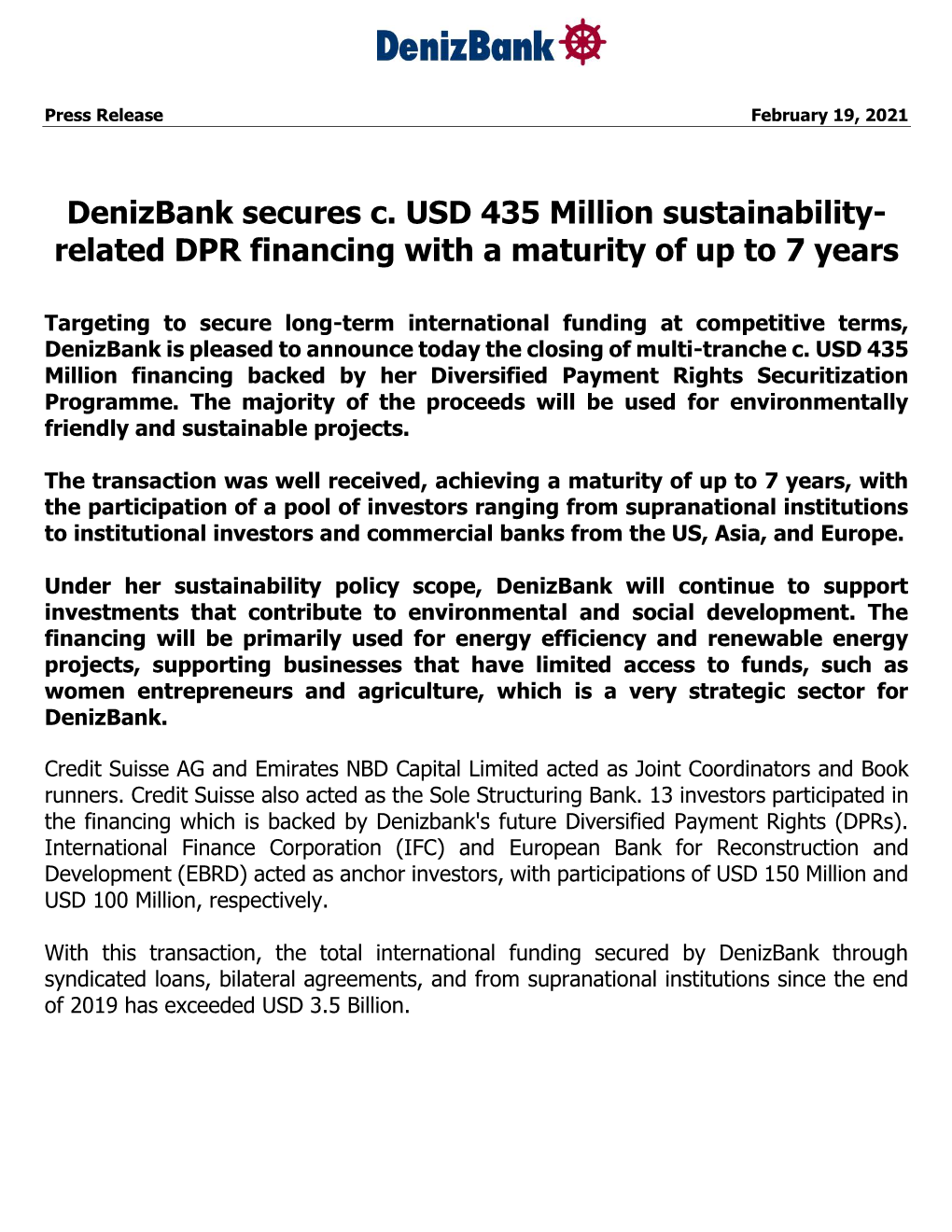 Denizbank Secures C. USD 435 Million Sustainability- Related DPR Financing with a Maturity of up to 7 Years