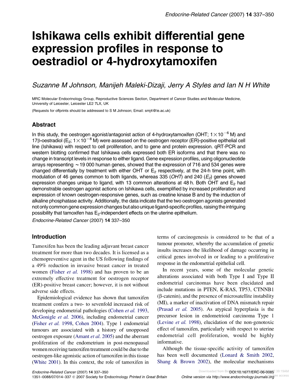 Ishikawa Cells Exhibit Differential Gene Expression Profiles in Response To