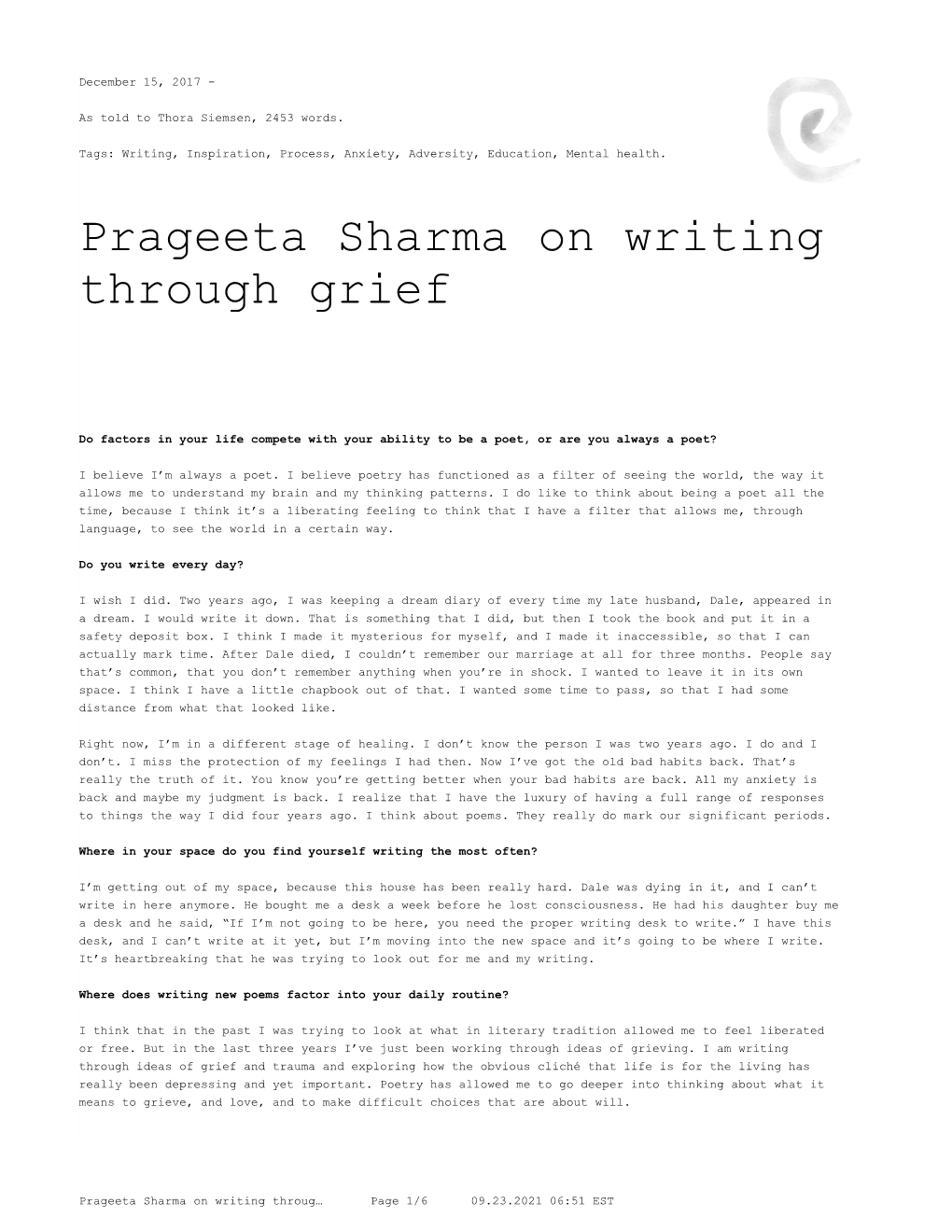Prageeta Sharma on Writing Through Grief – the Creative Independent