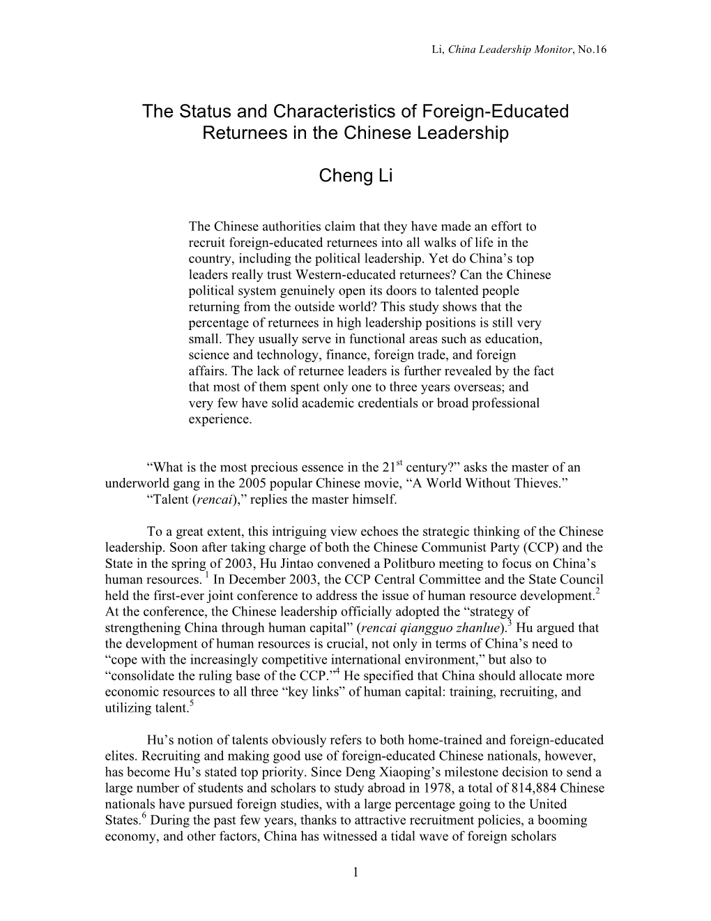 The Status and Characteristics of Foreign-Educated Returnees in the Chinese Leadership