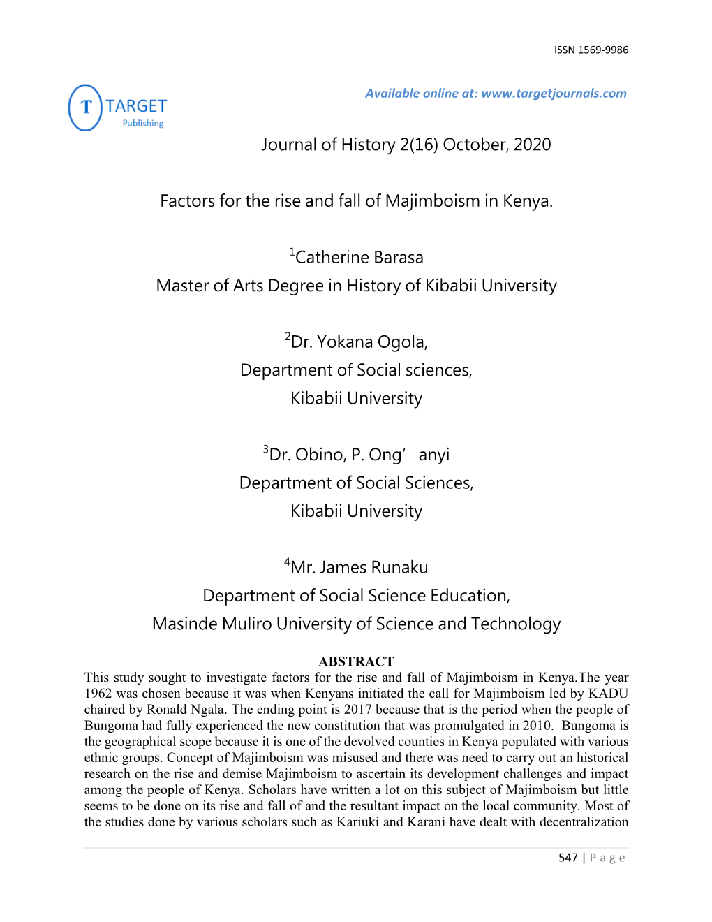Journal of History 2(16) October, 2020 Factors for the Rise and Fall Of