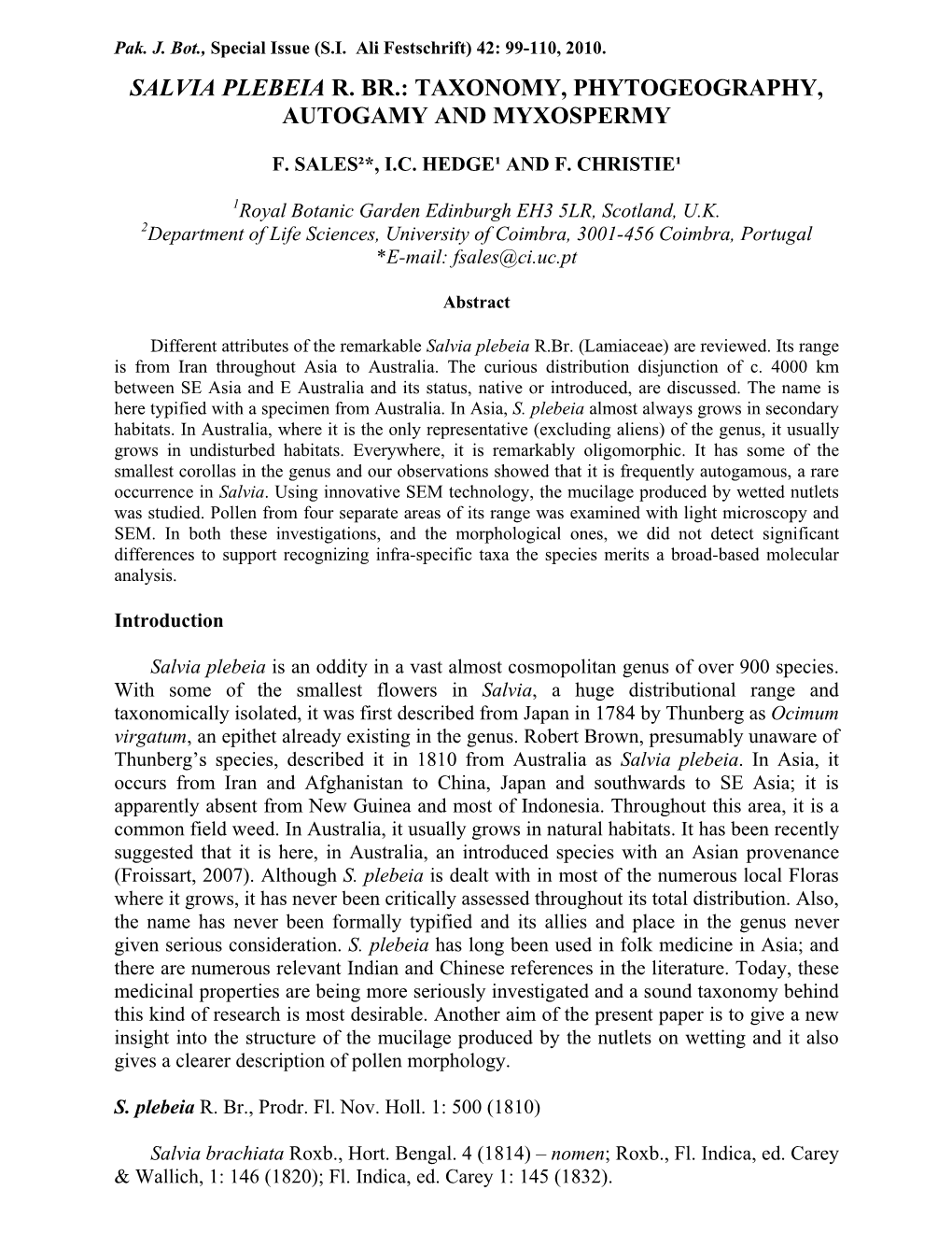 Salvia Plebeia R. Br.: Taxonomy, Phytogeography, Autogamy and Myxospermy