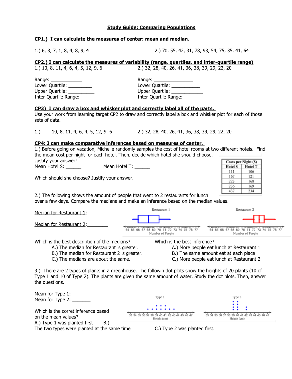 Study Guide: Comparing Populations