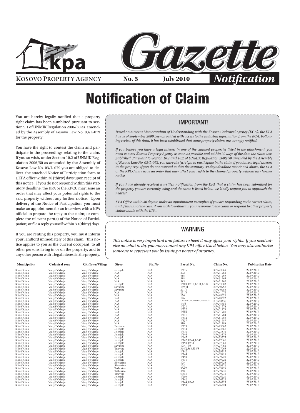 Notification of Claim