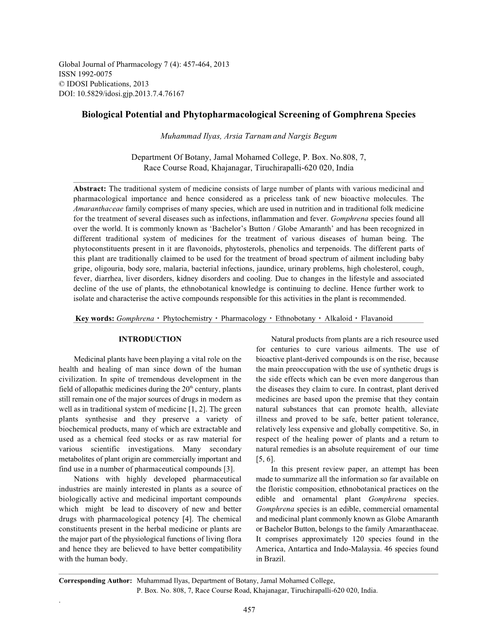 Biological Potential and Phytopharmacological Screening of Gomphrena Species