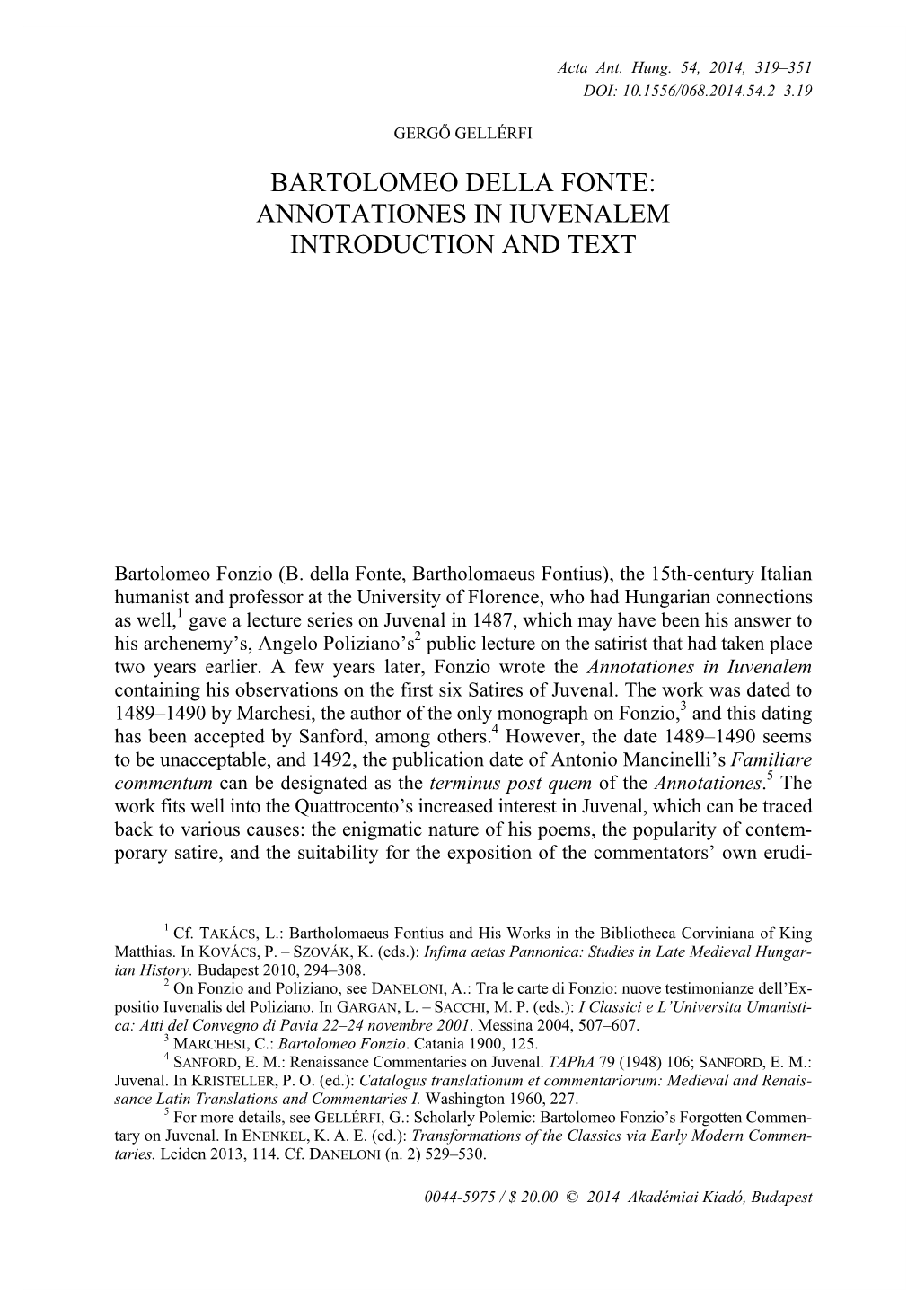 Bartolomeo Della Fonte: Annotationes in Iuvenalem Introduction and Text