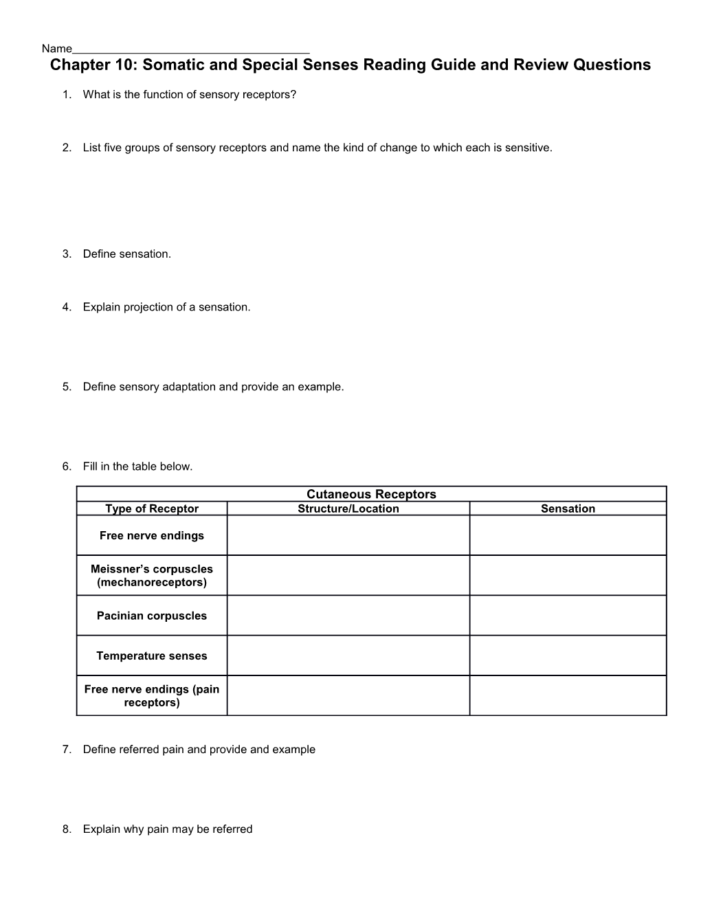 Chapter 10: Somatic and Special Senses Reading Guide and Review Questions