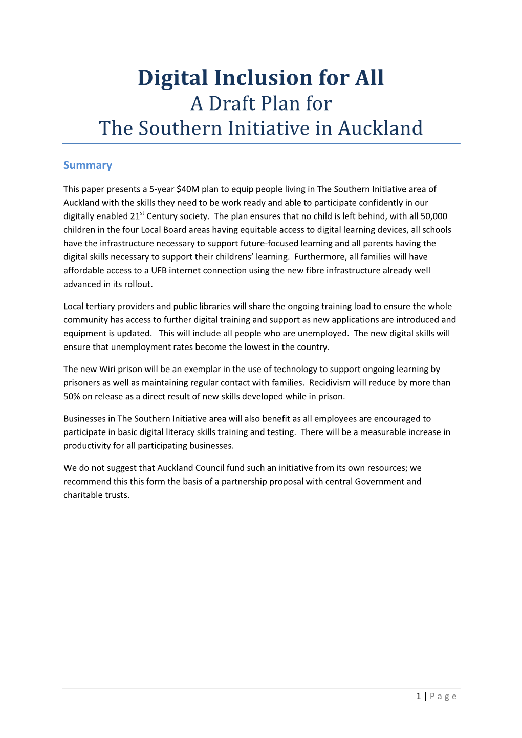 Digital Inclusion for All a Draft Plan for the Southern Initiative in Auckland