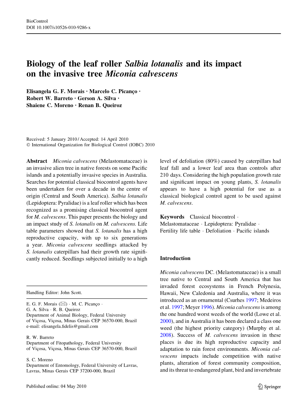 Biology of the Leaf Roller Salbia Lotanalis and Its Impact on the Invasive Tree Miconia Calvescens