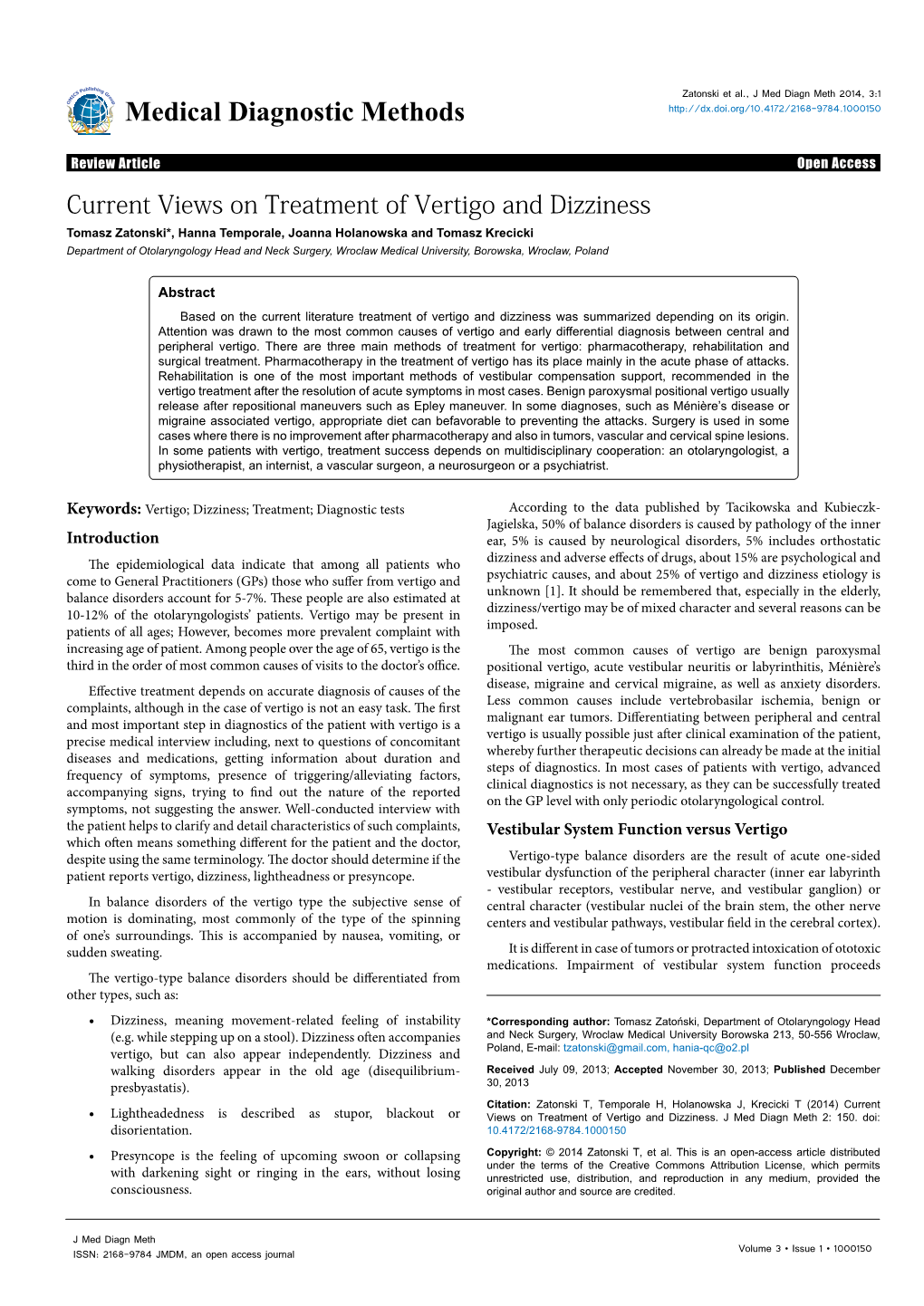 Current Views on Treatment of Vertigo and Dizziness