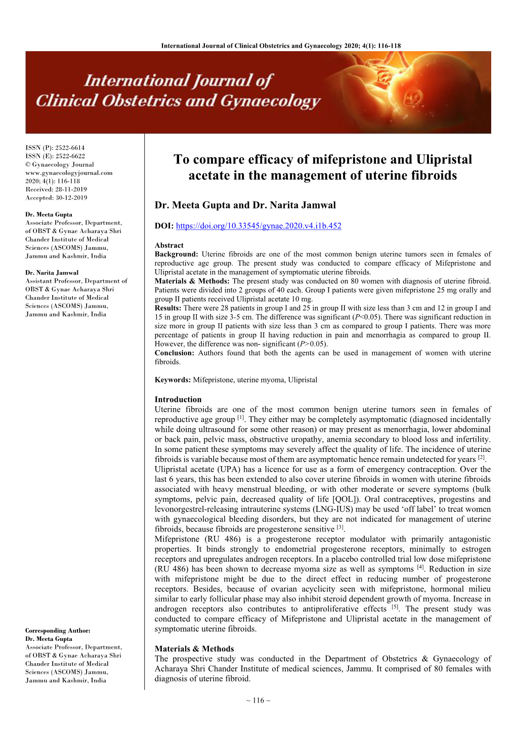 To Compare Efficacy of Mifepristone and Ulipristal Acetate in the Management of Corresponding Author: Symptomatic Uterine Fibroids