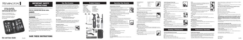 Your New Groomer Product Features Operating Your Groomer Cutting Assembly to Be Rinsed Under Running Water, If Desired