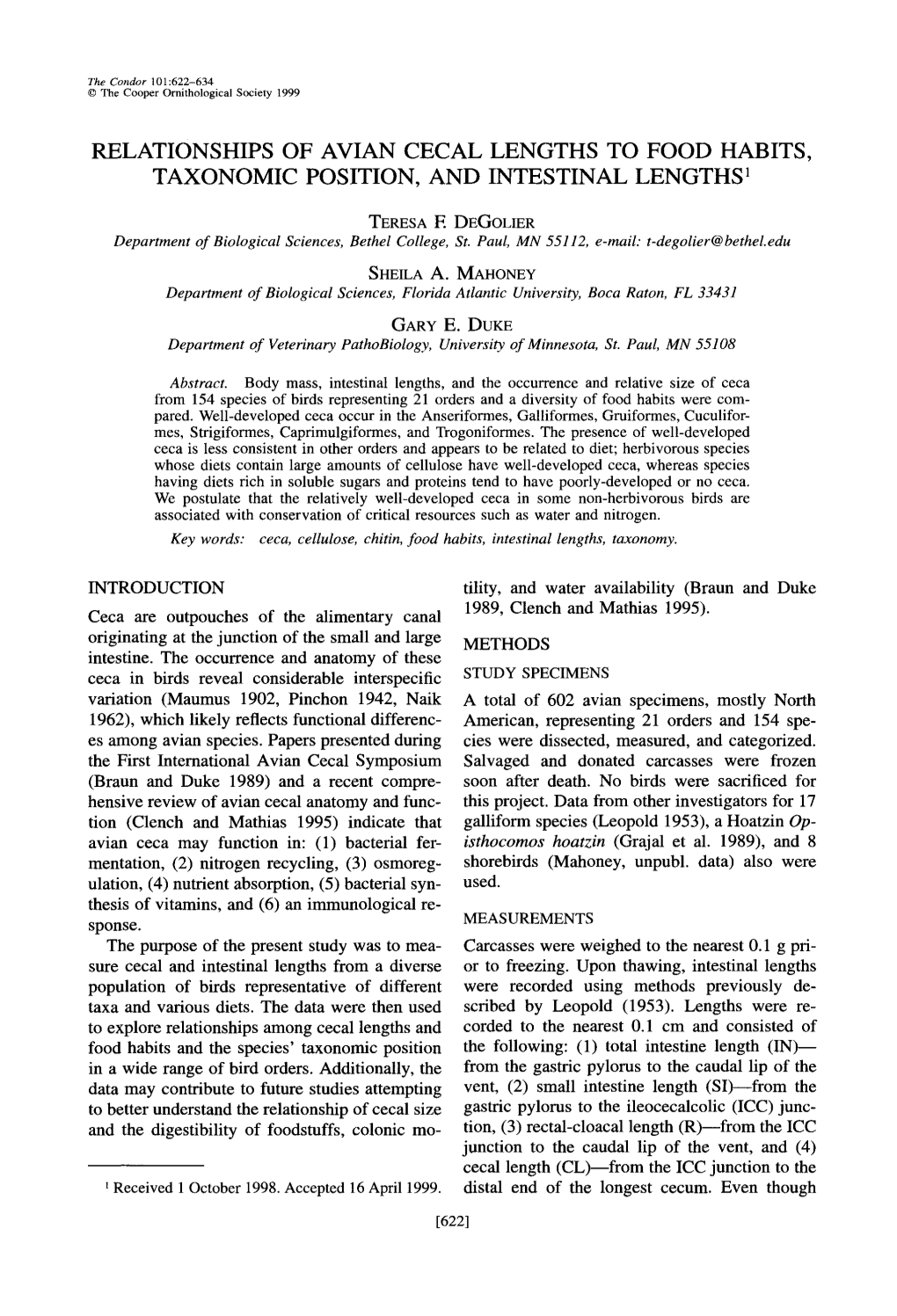 RELATIONSHIPS of AVIAN CECAL LENGTHS to FOOD HABITS, TAXONOMIC POSITION, and INTESTINAL LENGTHS L