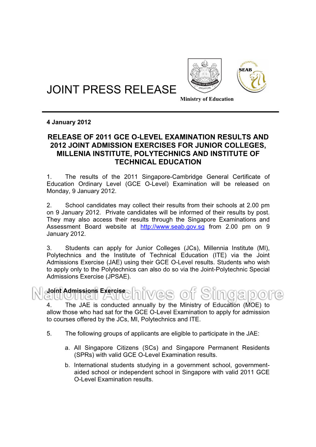 JOINT PRESS RELEASE Ministry of Education