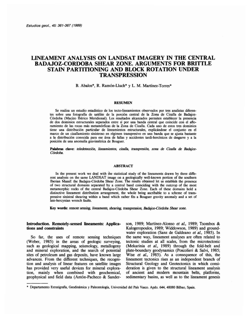 Lineament Analysis on Landsat Imagery in the Central Badajoz-Cordoba Shear Zone