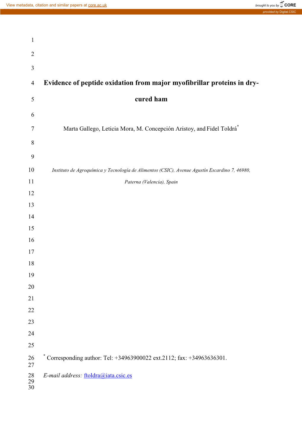 Evidence of Peptide Oxidation from Major Myofibrillar Proteins in Dry