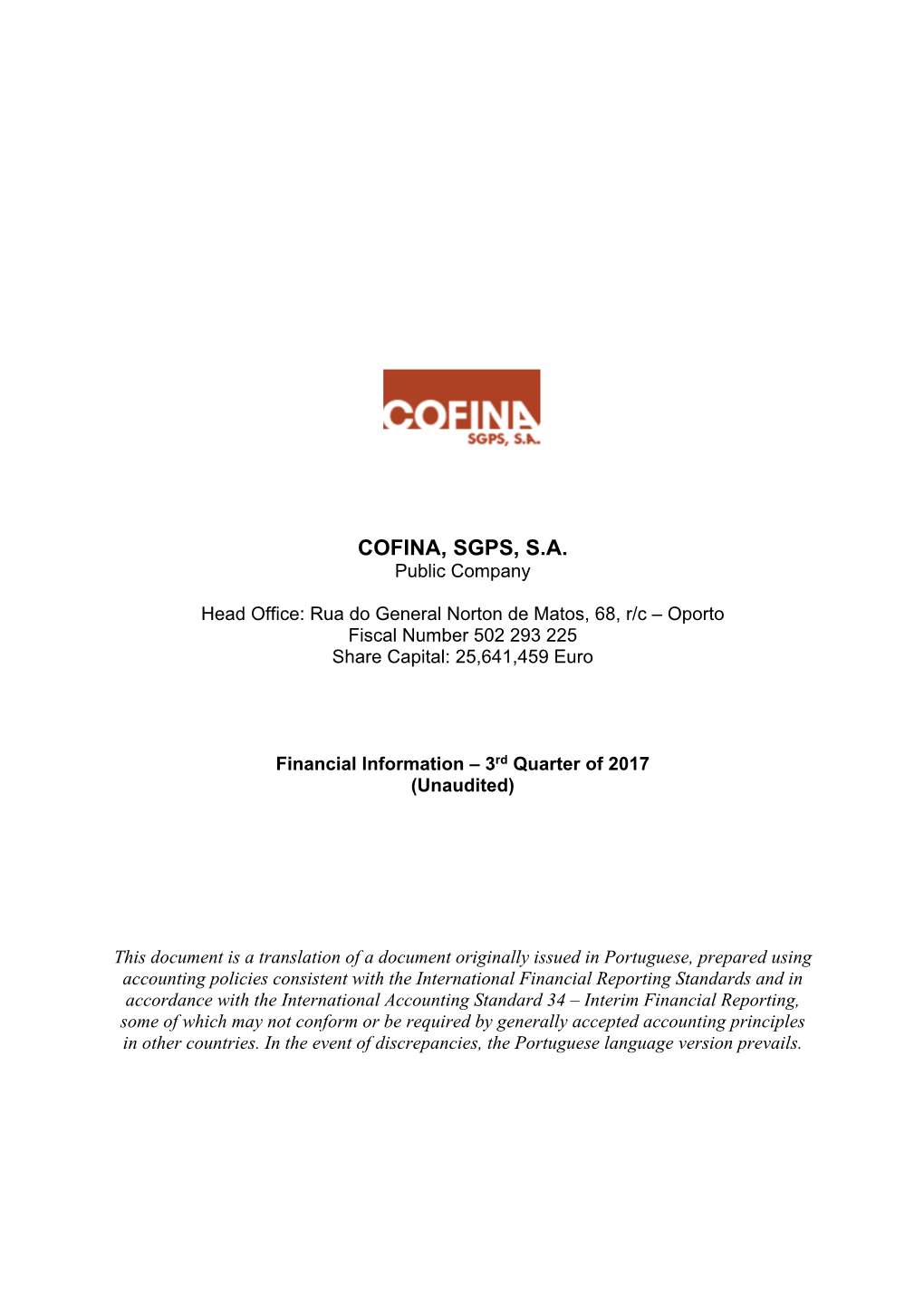 COFINA, SGPS, S.A. Public Company