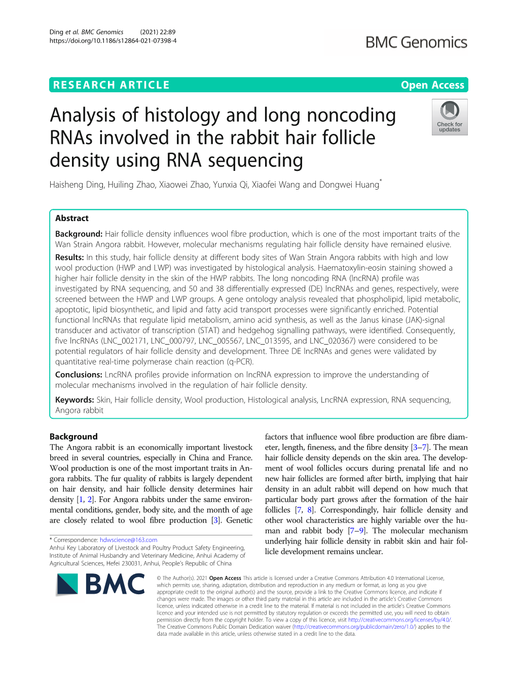 Analysis of Histology and Long Noncoding Rnas Involved in the Rabbit Hair Follicle Density Using RNA Sequencing