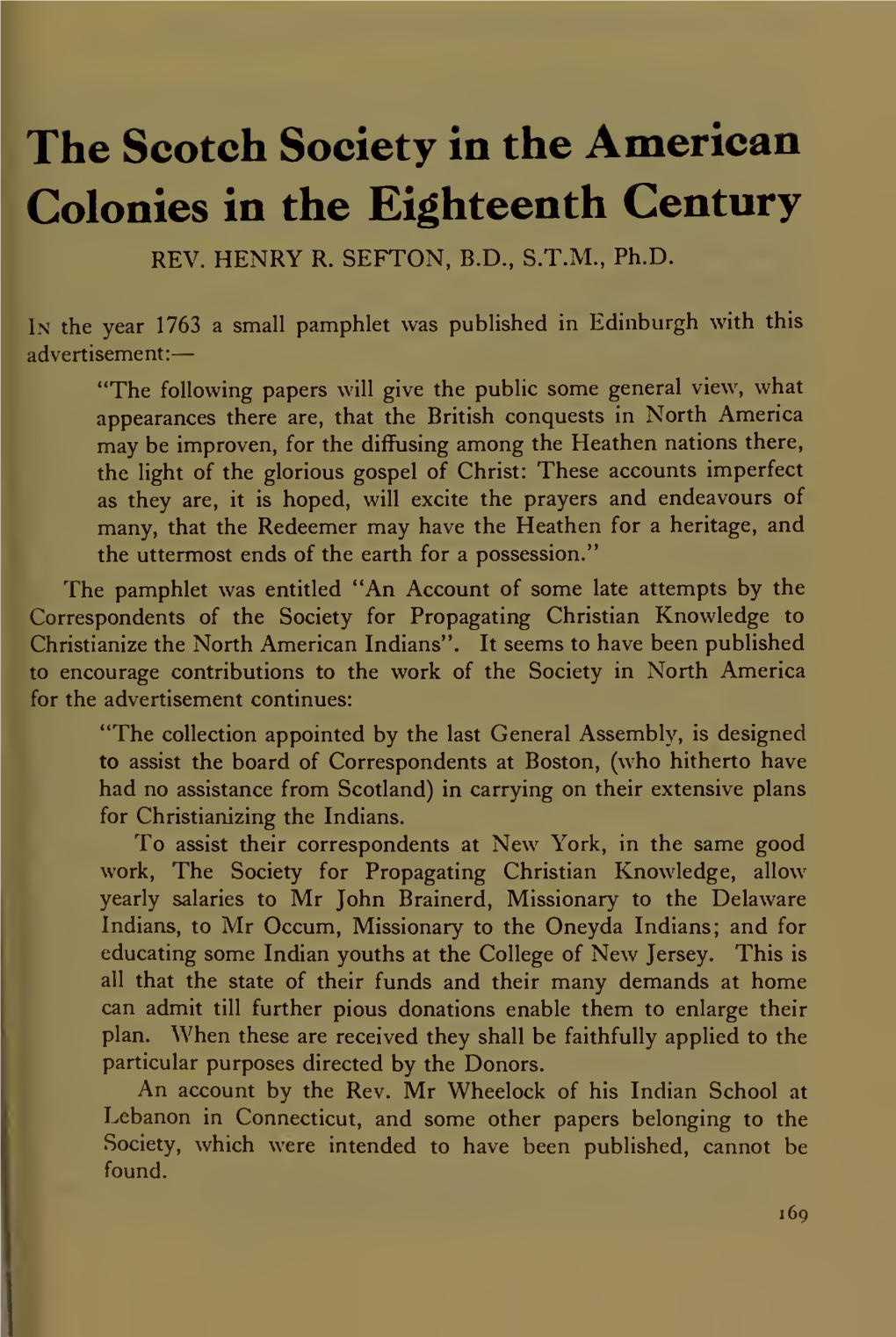 The Scotch Society in the American Colonies in the Eighteenth Century