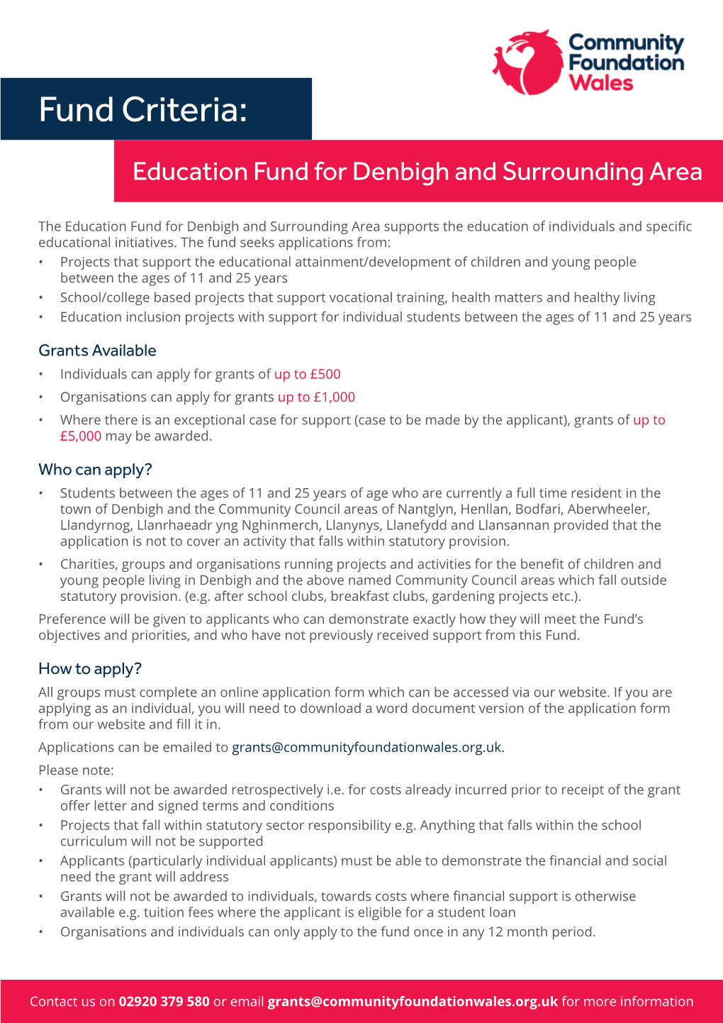Fund Criteria: Education Fund for Denbigh and Surrounding Area