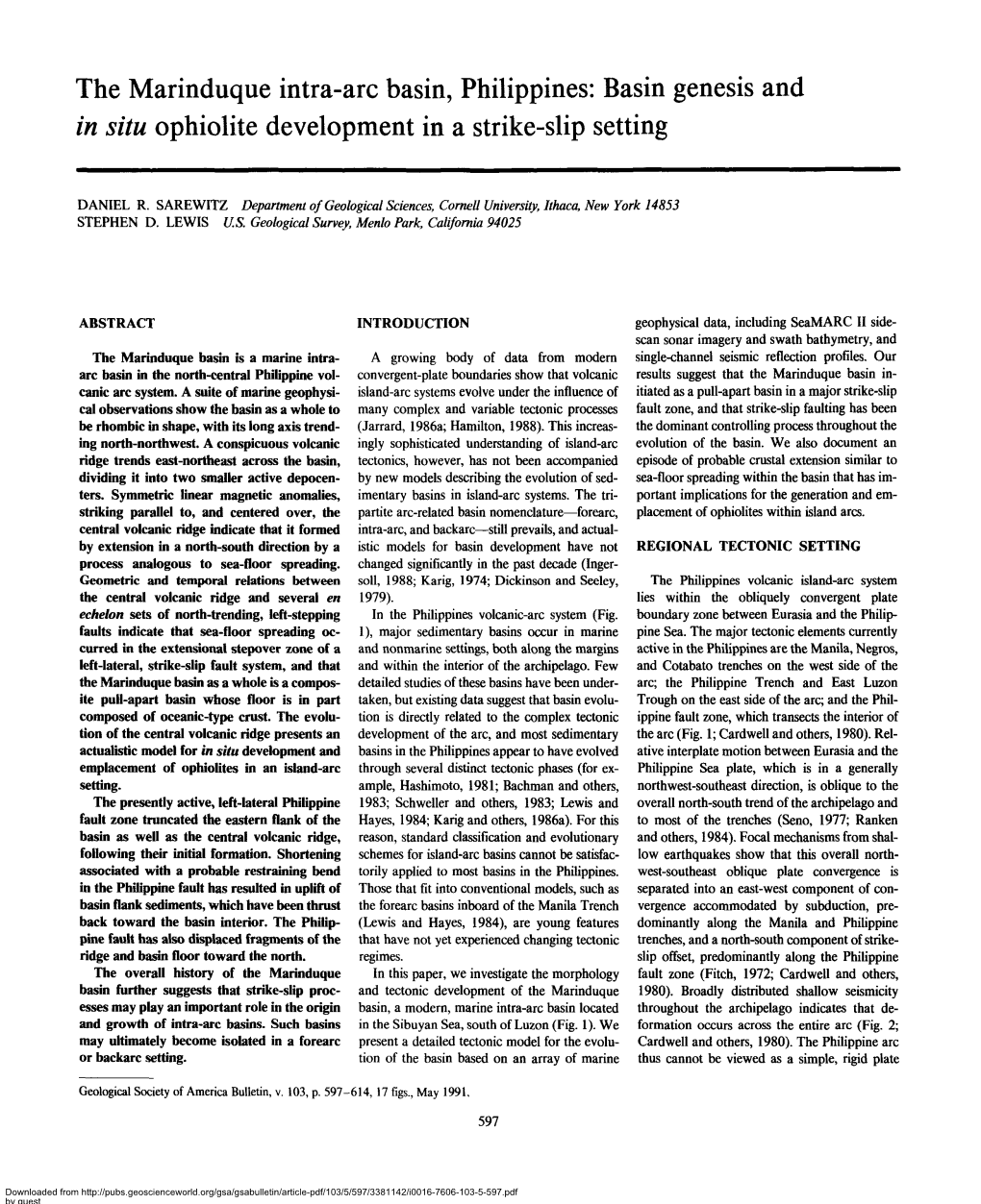 The Marinduque Intra-Arc Basin, Philippines: Basin Genesis and in Situ Ophiolite Development in a Strike-Slip Setting