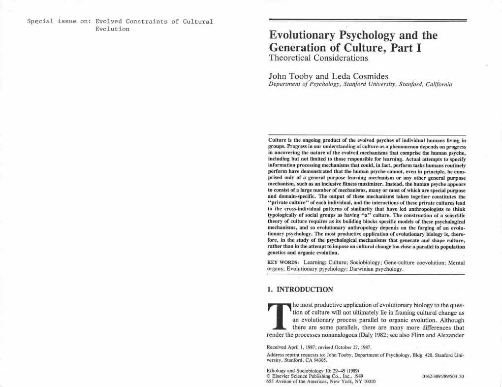 Evolutionary Psychology and the Generation of Culture, Part I Theoretical Considerations