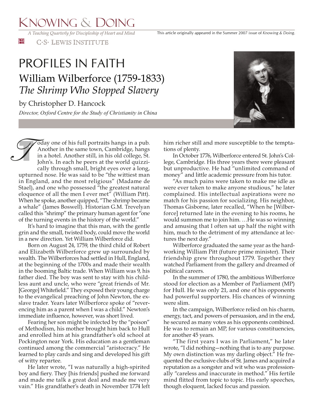 Profiles in Faith: William Wilberforce