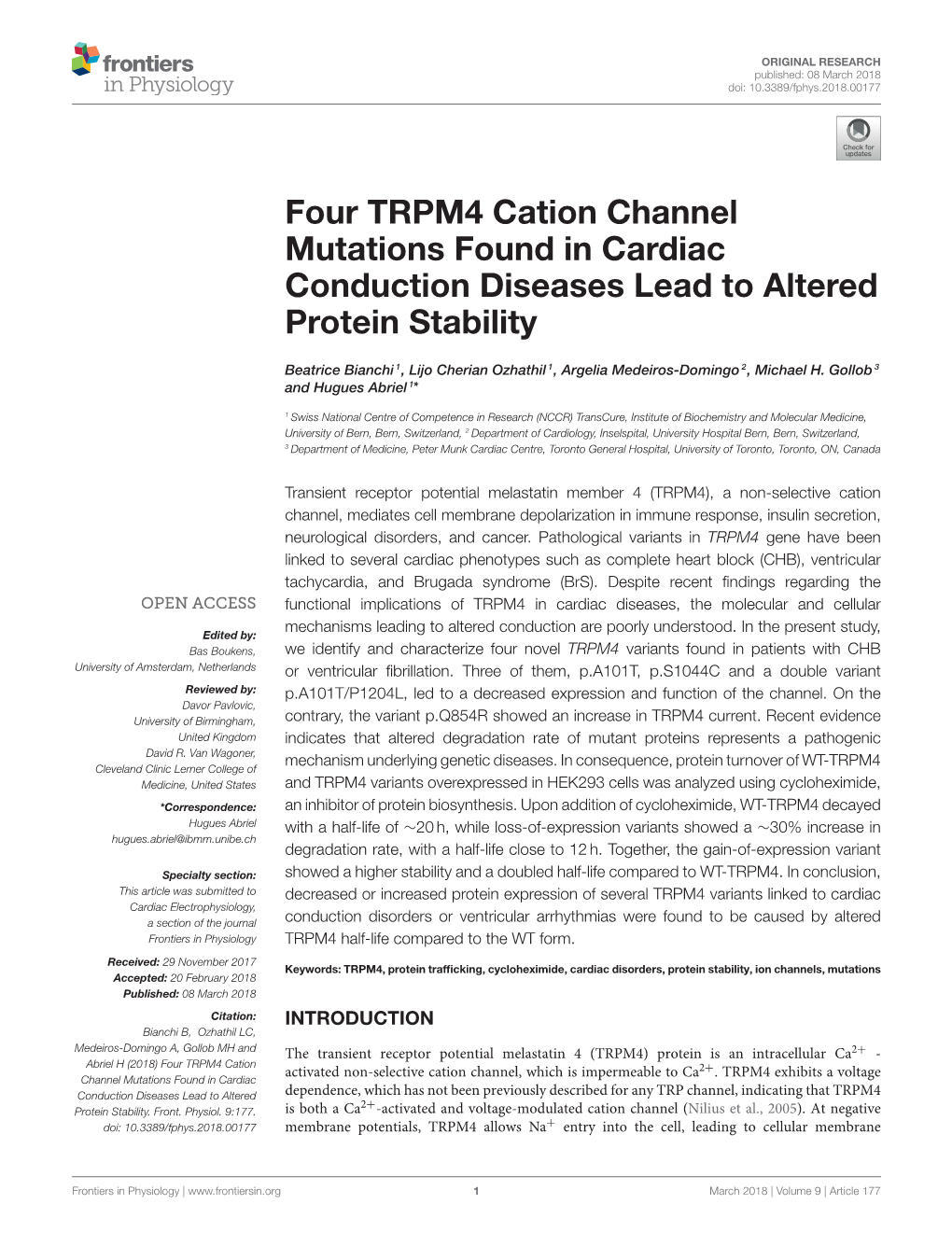 Four TRPM4 Cation Channel Mutations Found in Cardiac Conduction Diseases Lead to Altered Protein Stability