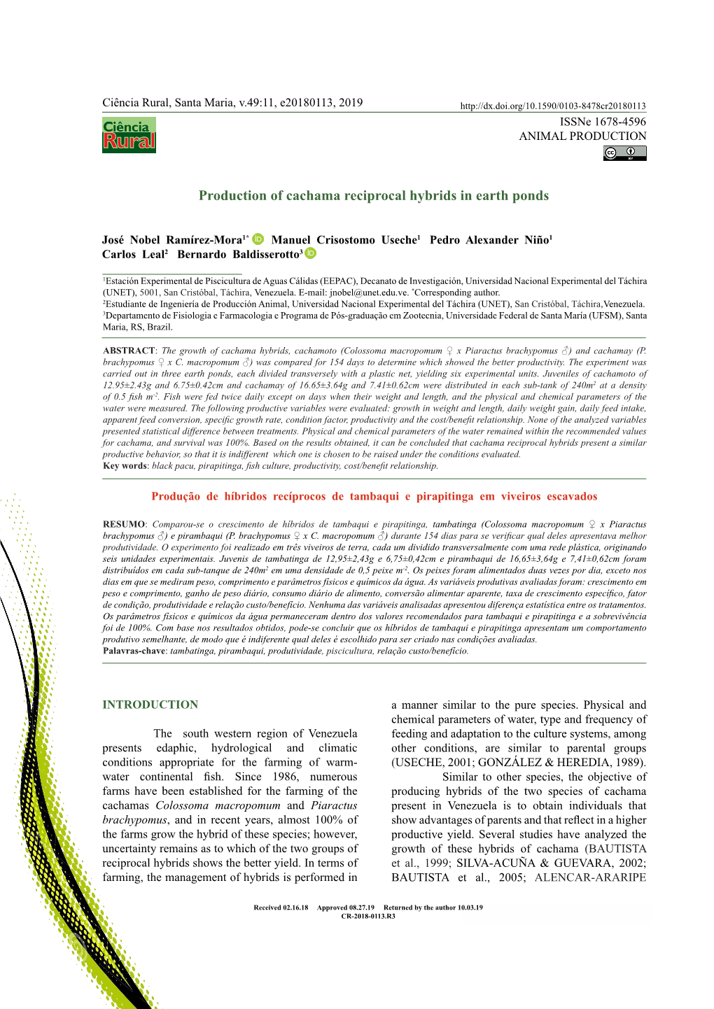 Production of Cachama Reciprocal Hybrids in Earth Ponds