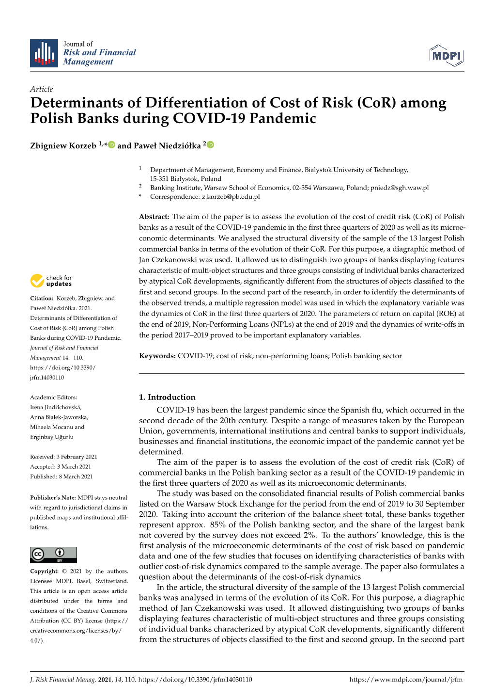 Determinants of Differentiation of Cost of Risk (Cor) Among Polish Banks During COVID-19 Pandemic