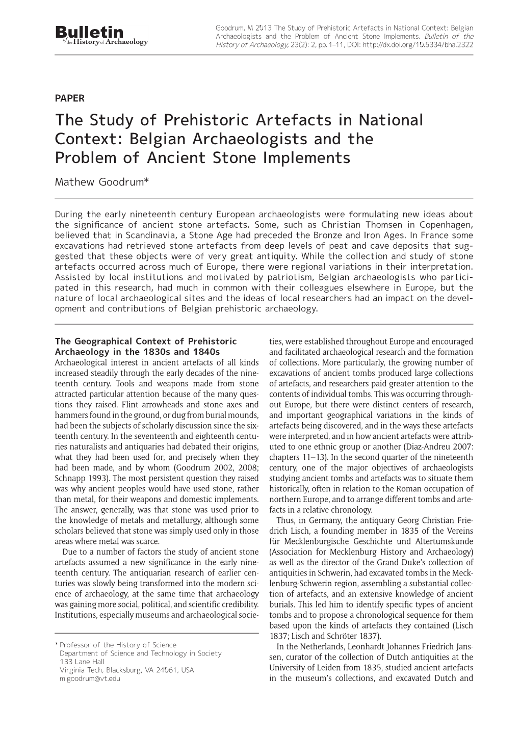 The Study of Prehistoric Artefacts in National Context: Belgian Bulletinof Archaeologists and the Problem of Ancient Stone Implements