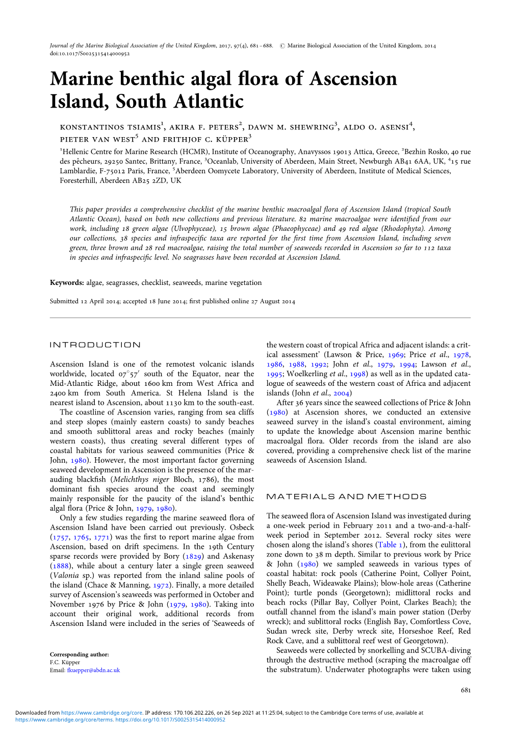 Marine Benthic Algal Flora of Ascension Island, South Atlantic