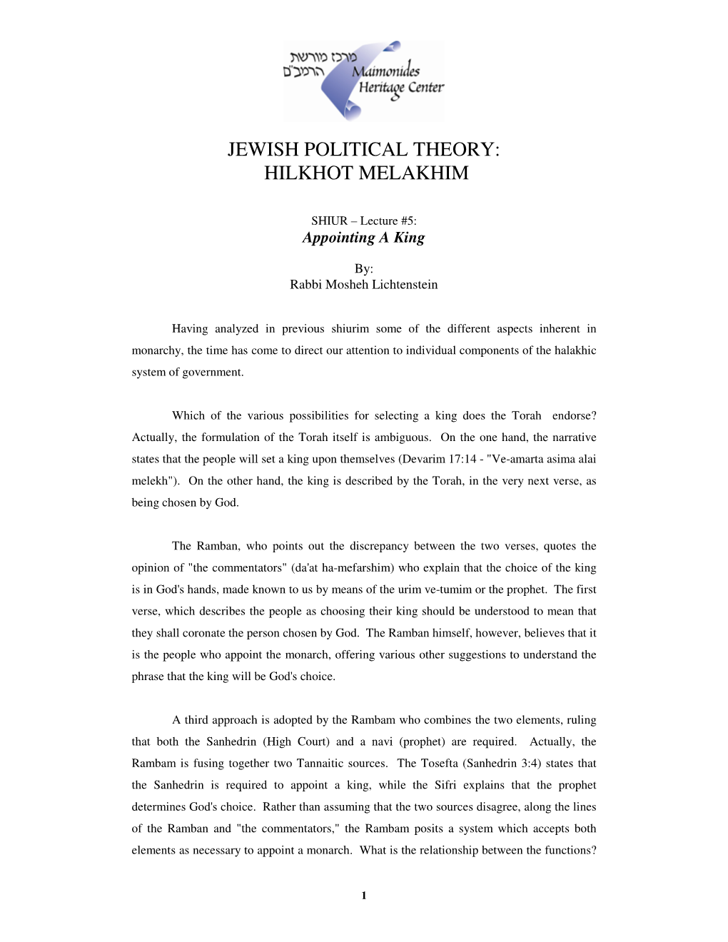 Jewish Political Theory: Hilkhot Melakhim